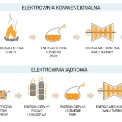 Schemat działania elektrowni konwencjonalnej i jądrowej: od paliwa do prądu.