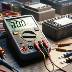 Multimetr gotowy do sprawdzenia bezpiecznika. Wokół kable i elementy elektroniczne.