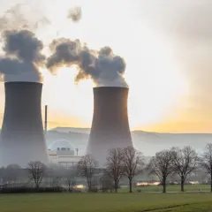 Dwie chłodnie kominowe elektrowni atomowej na tle zachodzącego słońca. Warto wiedzieć, ile prądu produkuje elektrownia atomowa.