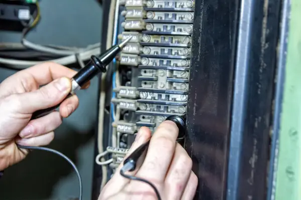 Ręce sprawdzają bezpieczniki w skrzynce elektrycznej. Czy bezpiecznik może się zepsuć? Tak, dlatego warto je kontrolować.